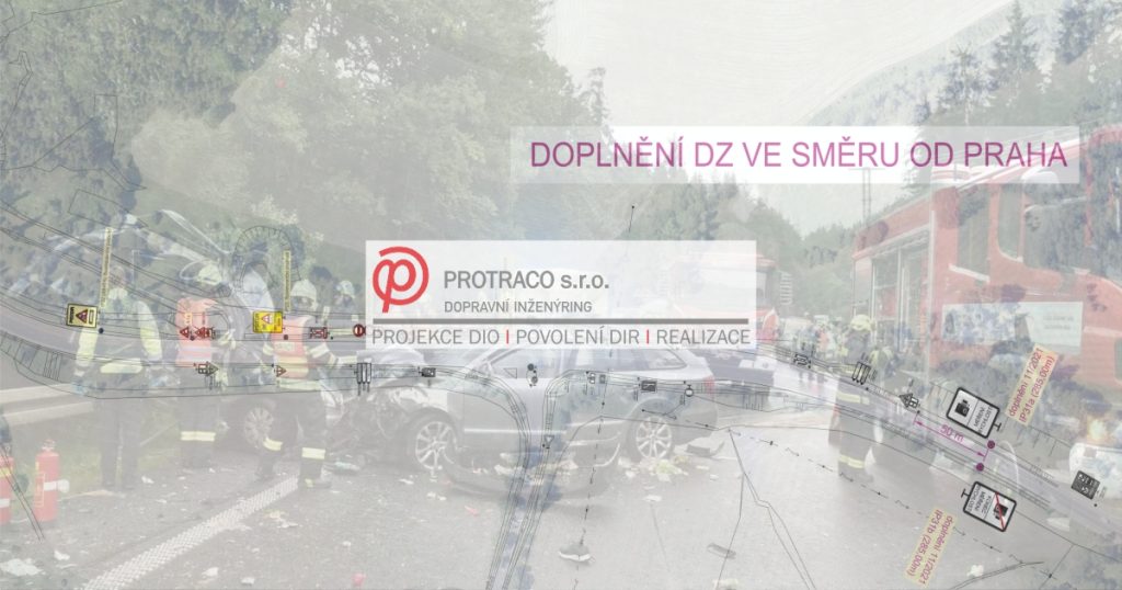 Projekt PROTRACO na zvýšení bezpečnosti na silnici I/6 u Olšových Vrat kombinující technický nákres dopravního značení a dokumentaci dopravní nehody.