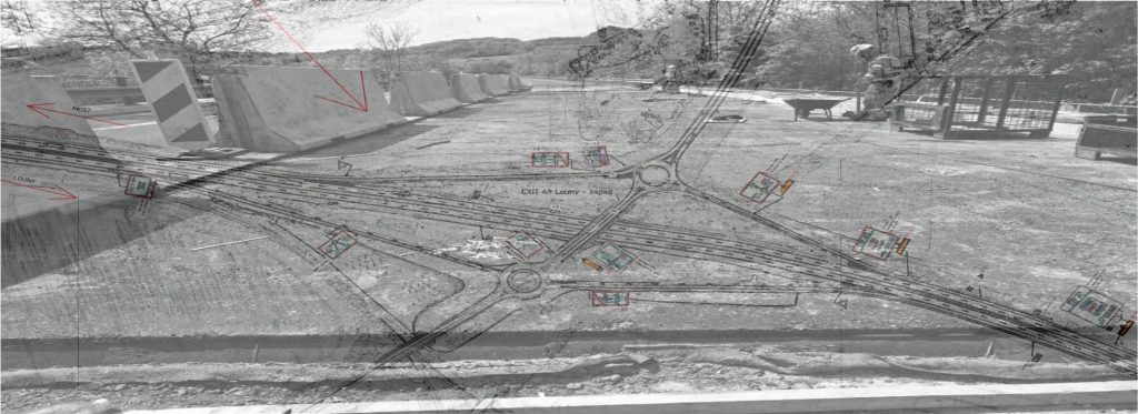 Technický výkres dopravně inženýrského opatření (DIO) vložený do fotografie z realizace silničního projektu PROTRACO.