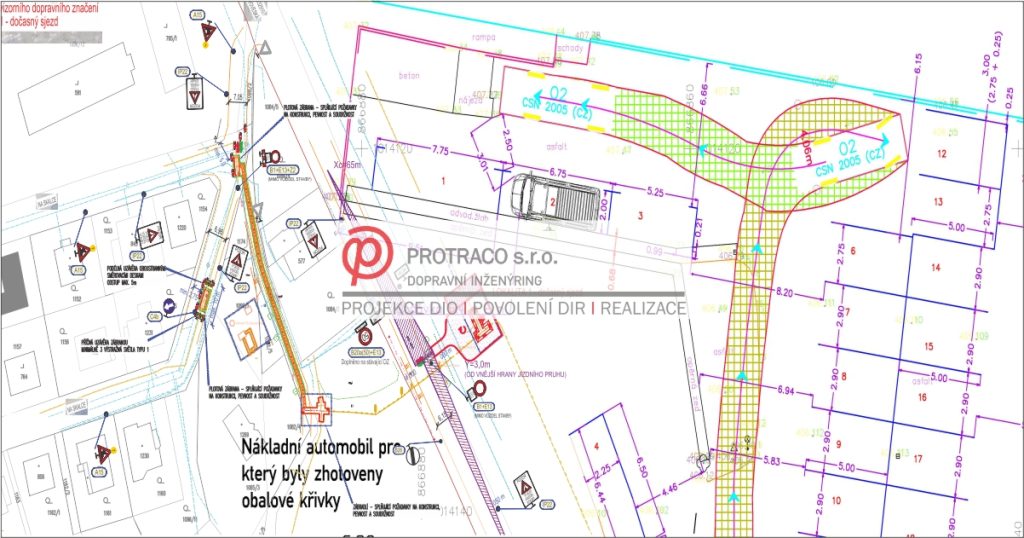 Projektová dokumentace s výpočtem obalových křivek a vlečných křivek pro průjezd nákladního automobilu.