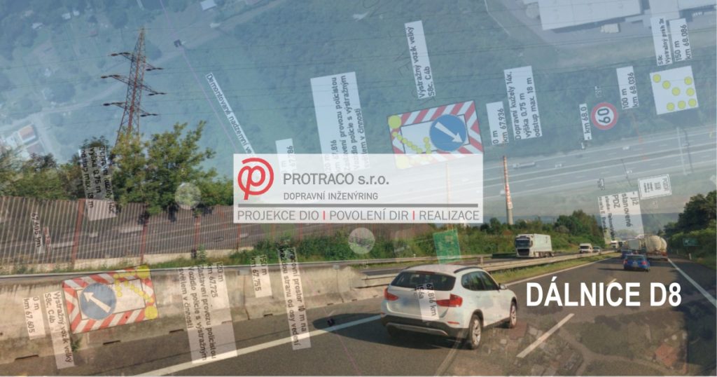 Schéma dopravně inženýrského opatření (DIO) pro křížení vedení VN s dálnicí D8 v úseku Trmice - Koštov.